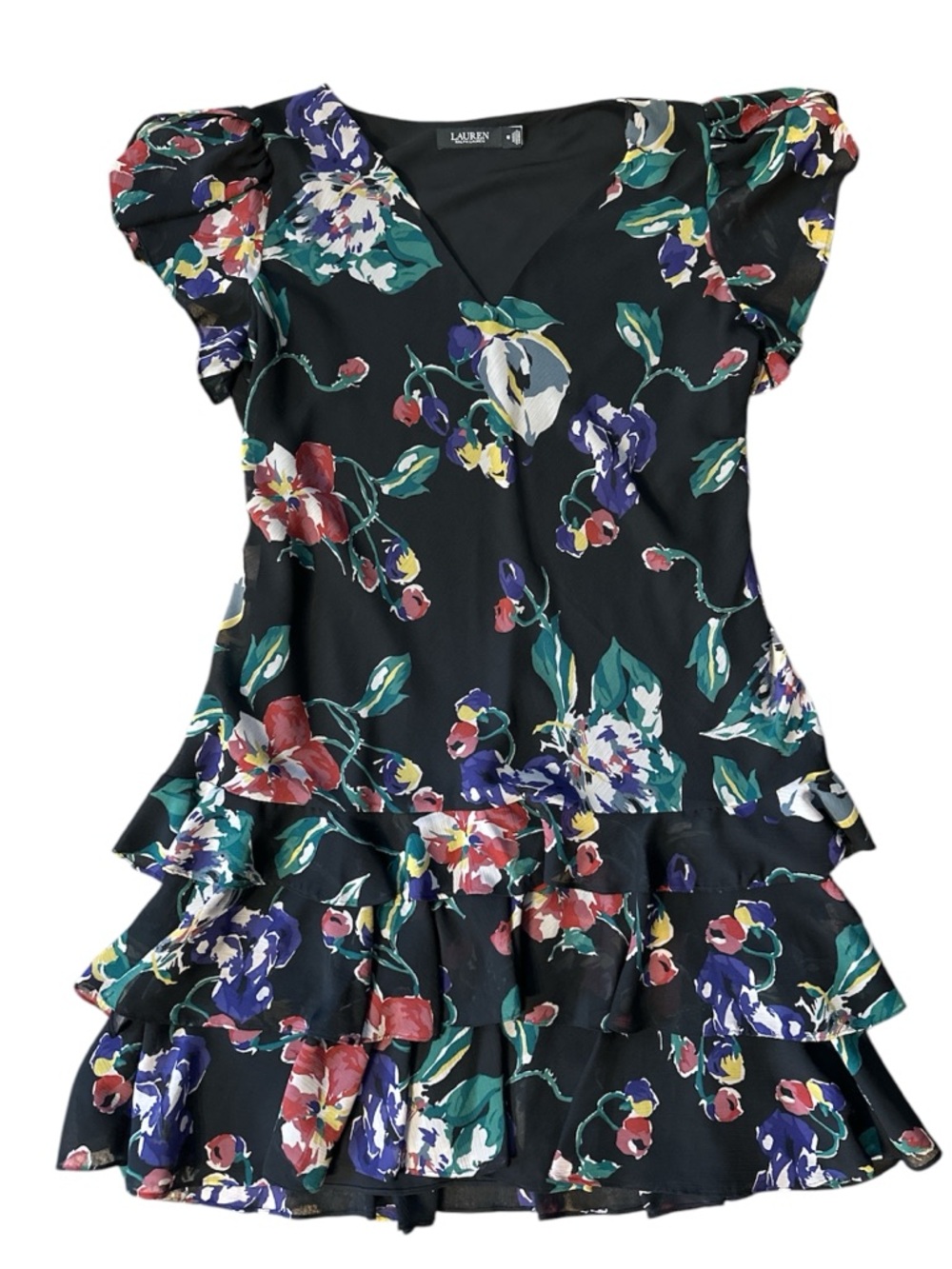 Lauren Ralph Lauren Black Floral Ruffle Dress.  Size 12. 44” Bust 39” Length